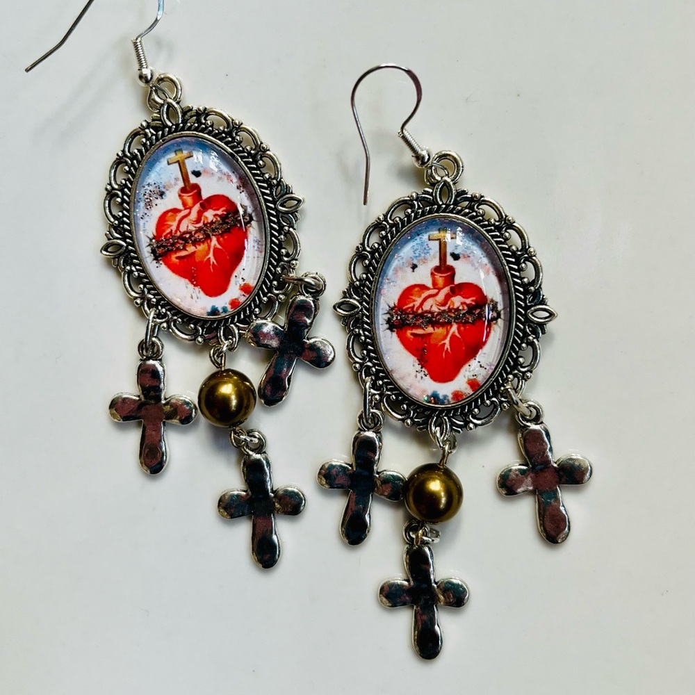 Sacred Heart Vintage Style Earrings Antiqued Silver Copper Pearl Beads
